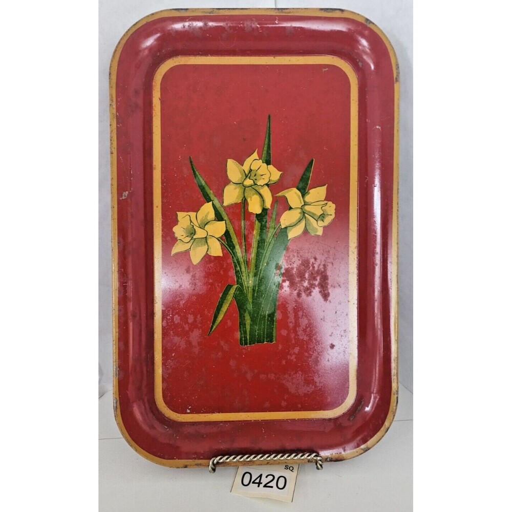 Vintage Red Metal Tray Mustard Yellow Daffodils Green Leaves 14" x 9"
